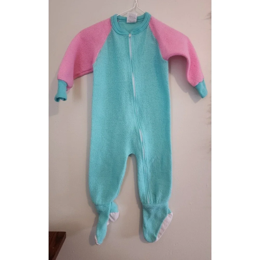 Vintage Colorblock Pink And Teal Kids One Piece Zip Up Pajamas Size 3T‎ USA Made